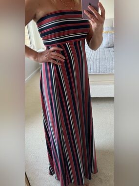 Banana Republic Factory Strapless Navy Red White Striped Maxi Dress